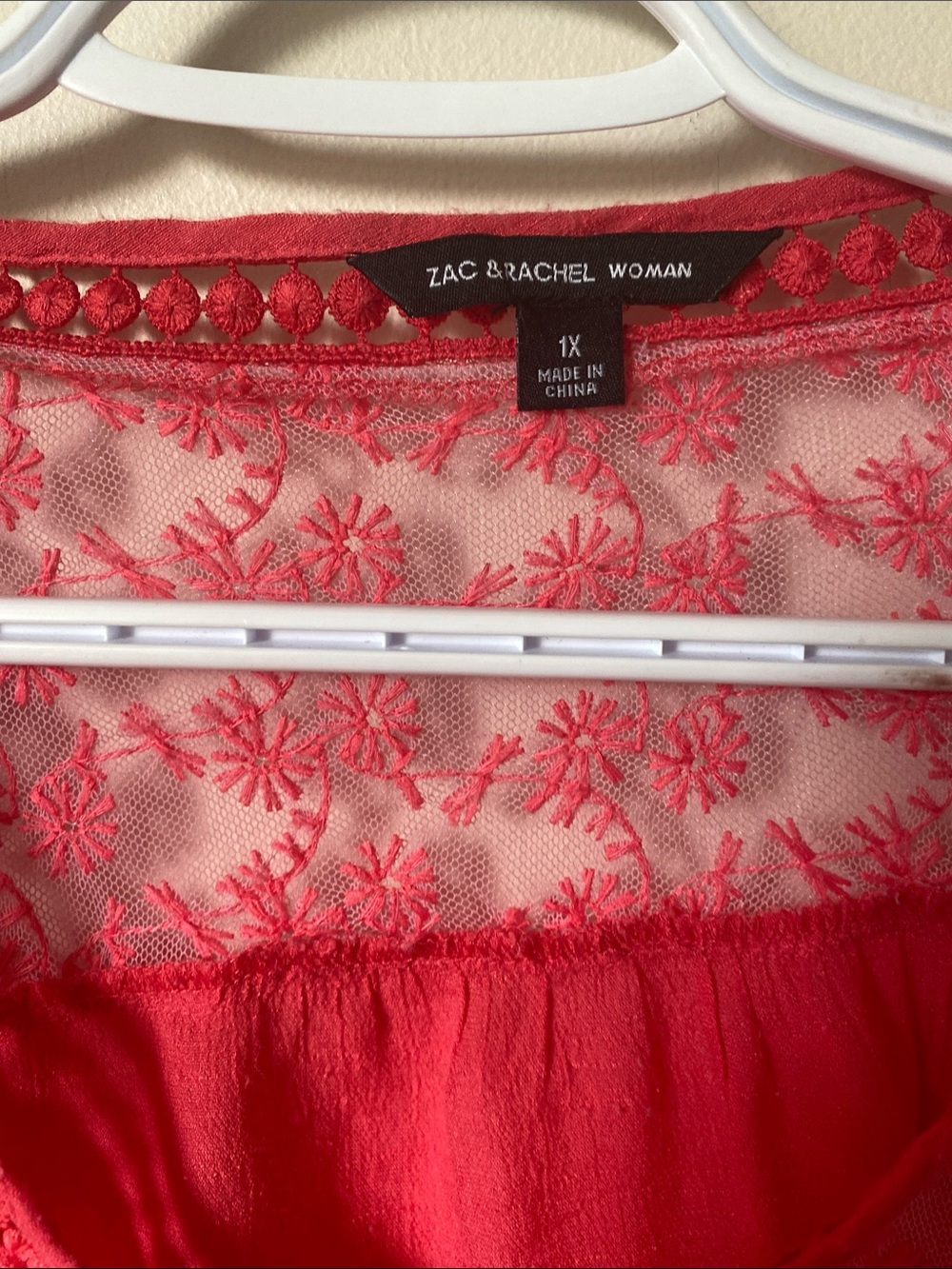 Zac & Rachel Coral Lace Yoke V-Neck Boho Blouse - Picture 2 of 6
